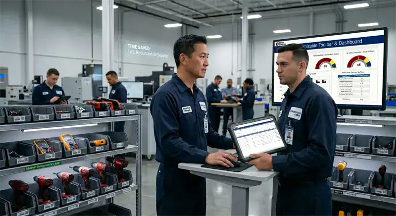 Maintenance manager reviewing tool inventory and tool custody records in manufacturing facility using eWorkOrders CMMS small tools tracking